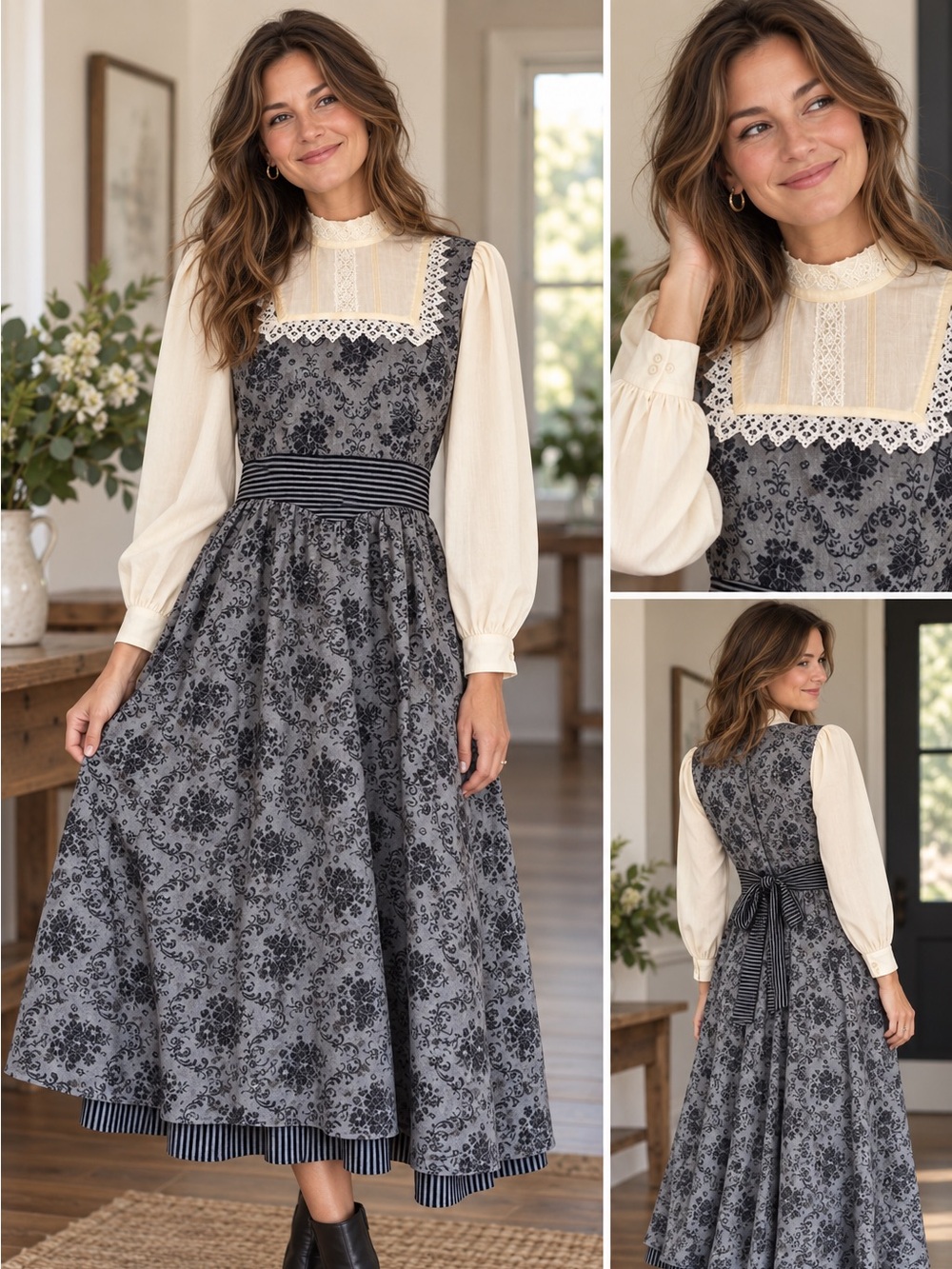 Vintage Gunne Sax Jessica McClintock Prairie Lace Bib Dress Size 9 Cottagecore